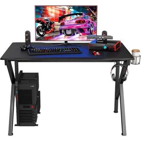 COSTWAY Scrivania da Gaming a Forma di K, Tavolo da Gioco 115 cm, Tavolo per Computer con Porta Bicchiere e Gancio, Scrivania Computer con Struttura in Acciaio, per Casa o Ufficio