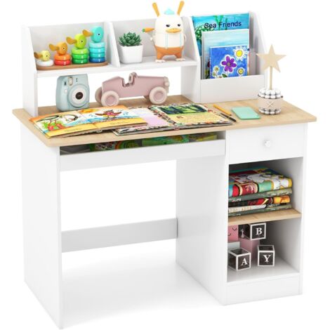 COSTWAY Scrivania da Studio in Legno per Bambini, Scrivania del Computer con Libreria, Cassetto e Mensole, Dispositivo Anti-Ribaltamento, Tavolo per Bambini da Cameretta e Studio (Legno)