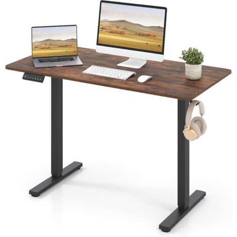 COSTWAY Scrivania Elettrica Ergonomica 120 x 60 cm, 3 Memorie di Altezza, Protezione Anti-Collisione e Gancio per Cuffie, Scrivania Regolabile in Altezza per Ufficio e Casa (Marrone)