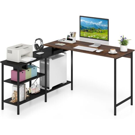 COSTWAY Scrivania Gaming Forma di L con Piano Regolabile in Lunghezza e 2 Ripiani Portaoggetti, Scrivania Angolare Reversibile in Legno, Scrittoio per Computer Salvaspazio per Studio e Ufficio