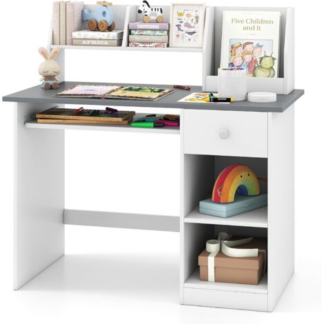 COSTWAY Scrivania per Bambini 3-6 Anni, Tavolo in Legno con Vassoio per Tastiera e Cassetto, Libreria Laterale e Mensole Superiori e Ampio Piano del Tavolo, Ideale per Cameretta (Grigio)