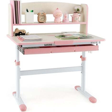 COSTWAY Scrivania per Bambini, Banco Scuola per 3-12 Anni Regolabile in Altezza da 50cm a 73cm con Piano Inclinabile 60°, Scrittoio Cameretta Multifunzionale con Libreria e Cassetto (Rosa)