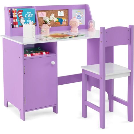 COSTWAY Scrivania per Bambini con Sedia, Set Tavolo e Sedia con Lavagna, Pennarello, Armadietto e Bacheca, Postazione Computer per Studenti e Tavolo da Scrittura per 3+ Anni (Viola)