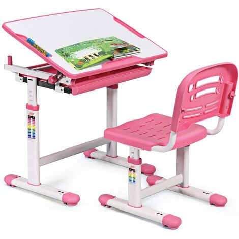 COSTWAY Scrivania per Bambini Tavolo per Studenti con Sedia Inclinabile Regolabile in Altezza, Ergonomica, Vari Colori Disponibili, Rosa