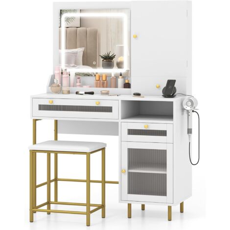 COSTWAY Scrivania per Trucco con Specchio e Luci, Set Tavolo da Trucco Moderno con Sgabello e Stazione di Ricarica, Luci LED a 3 Colori, Armadio per Gioielli, Armadietto con Cassetti e Ripiani Aperti