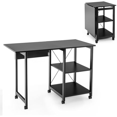 COSTWAY Scrivania Pieghevole per Computer, Scrivania Moderna con 2 Mensole, Postazione di Lavoro per PC con 6 Ruote, Scrivania Compatta Salva Spazio per Casa Ufficio (Nero)