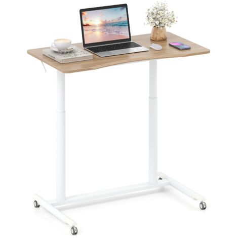 COSTWAY Scrivania Regolabile in Altezza a Forma di C, Scrivania con Ruote Bloccabili e Struttura in Metallo, Tvolo Portatile per Laptop e per Spazi Ridotti (Naturale)