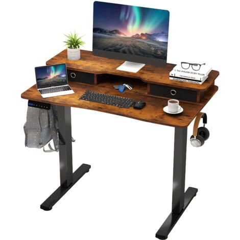 COSTWAY Scrivania Regolabile in Altezza con 2 Cassetti, Scrivania con Supporto per Monitor, Mensola, 2 Ganci e 3 Altezze Preimpostate, Tavolo da Lavoro per Ufficio, Studio e Camera da Letto (Marrone)