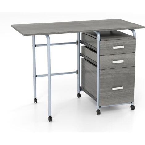 COSTWAY Scrivania Salvaspazio con 3 Cassetti e Ruote Bloccabili, Scrivania Porta PC Pieghevole con Struttura in Metallo per Studio e Ufficio, 105 x 50 x 75 cm, Portata 100 kg (Grigio)