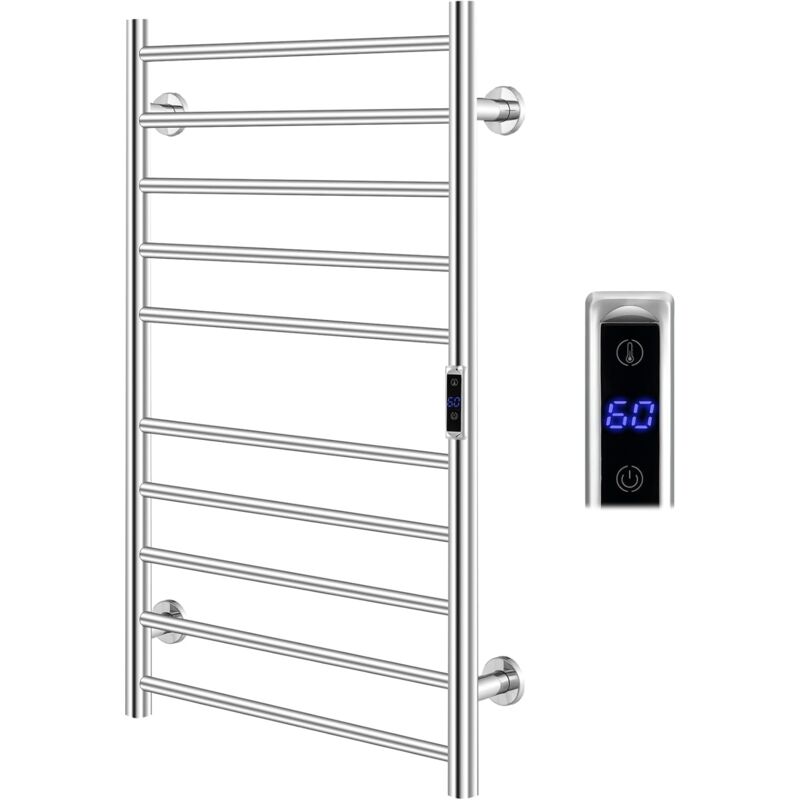 Costway - Sèche-Serviettes Électrique 120W lcd 30-60°C avec 10 Barres en Acier Inoxydable, Chauffe-Serviettes Étanche Murale avec Minuterie(1-8 h)