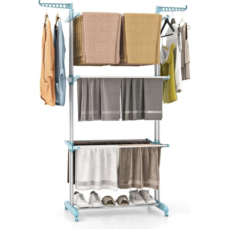 Sechoir à Linge Pliable 3 Niveaux, Étendoir Linge à roulettes en Métal, Sechoir Tancarville Solide avec 2 Porte-cintres, Porte-Chaussures, Seche
