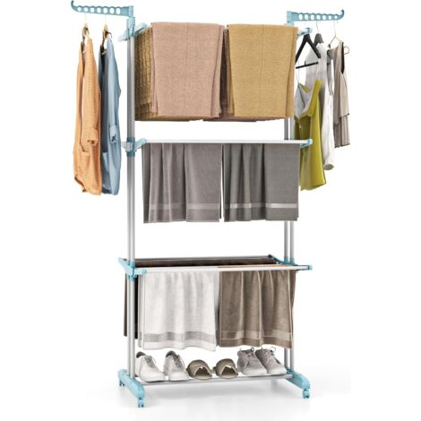 Costway – Séchoir à linge pliable 3 niveaux – Tubes métalliques antirouille – 24 tiges de suspension – Roulettes pour déplacement facile – Pour intérieur et extérieur