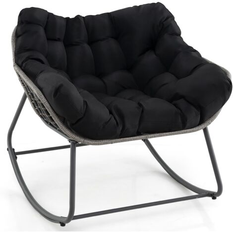 COSTWAY Sedia a Dondolo da Esterno, Poltrona in PE Vimini con Cuscino Rimovibile, Poltrona Relax in Rattan con Struttura in Metallo, per Soggiorno, Balcone, Giardino, Portata 150 kg (Nero)