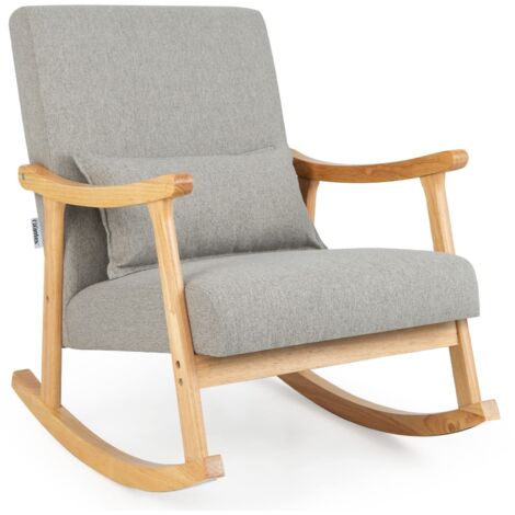 COSTWAY Sedia a Dondolo, Sedia Ergonomica Relax con Schienale Alto e Cuscino Seduta Imbottito, Struttura in Legno di Gomma Naturale e Cuscino Lombare Morbino, Poltrona Moderno per Soggiorno (Grigio)