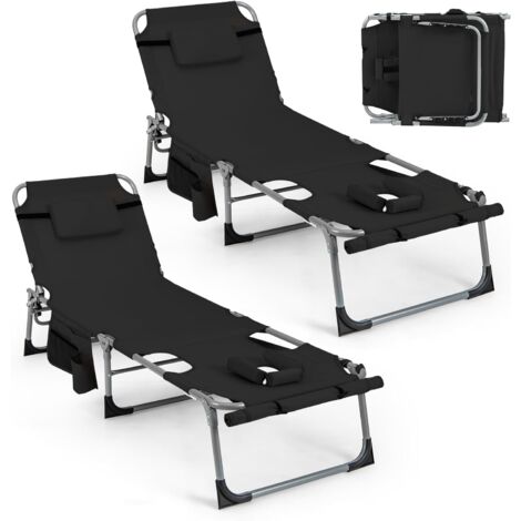 COSTWAY Sedia a Sdraio Pieghevole, Lettino Prendisole Regolabile in Metallo, con Poggiatesta, Cuscino e Tasca, per Spiaggia, Giardino, Balcone, Fino a 180 kg (Nero)