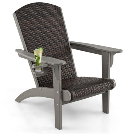 COSTWAY Sedia Adirondack da Giardino, Sedia da Lounge HDPE con Sedile e Schienale Imbottiti in Rattan, Porta Tazza Nascosto, Poltrona per Esterno Giardino Prato, Portata 150 kg (Grigio)