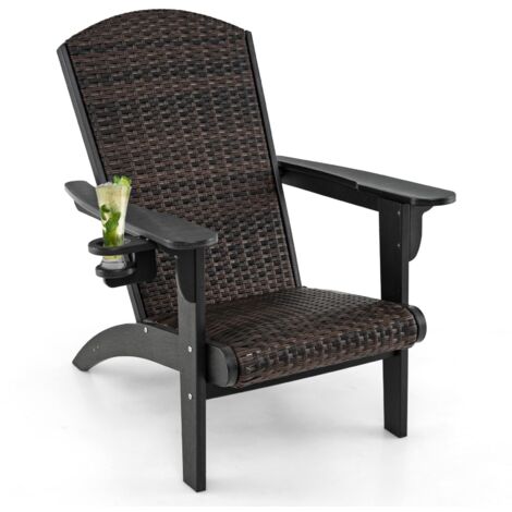 COSTWAY Sedia Adirondack da Giardino, Sedia da Lounge HDPE con Sedile e Schienale Imbottiti in Rattan, Porta Tazza Nascosto, Poltrona per Esterno Giardino Prato, Portata 150 kg (Nero)