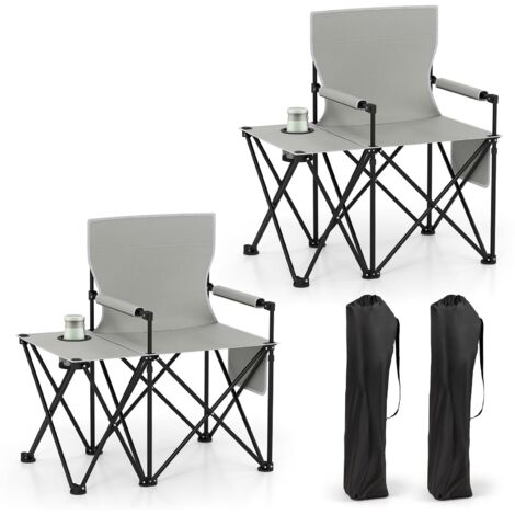 COSTWAY Sedia da Campeggio con Tavolino Laterale, Sedia da Picnic Pieghevole con 2 Tasche, Portabicchieri, Braccioli Imbottiti, Borsa da Trasporto, Portata 150 kg (Grigio)