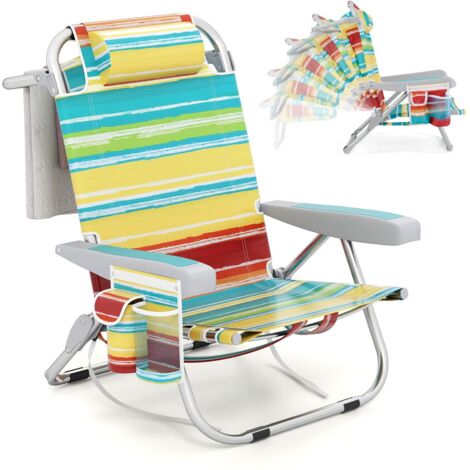 COSTWAY Sedia da Spiaggia, Sdraio Pieghevole a 5 Posizioni con Portabicchieri, Poltrona da Spiaggia con Cuscino per Testa e Zaino, Sedia da Campeggio Portatile, Portata 150 kg (1, Colorate)