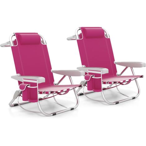 COSTWAY Sedia da Spiaggia, Sdraio Pieghevole a 5 Posizioni con Portabicchieri, Poltrona da Spiaggia con Cuscino per Testa e Zaino, Sedia da Campeggio Portatile, Portata 150 kg (Rosa,2)