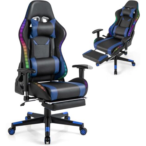COSTWAY Sedia da Ufficio Ergonomica per Computer con Altezza Regolabile, Sedia da Gaming con Luci RGB LED, Schienale e Braccioli Regolabili, Poggiapiedi Estraibile e Supporto Lombare (Blu)
