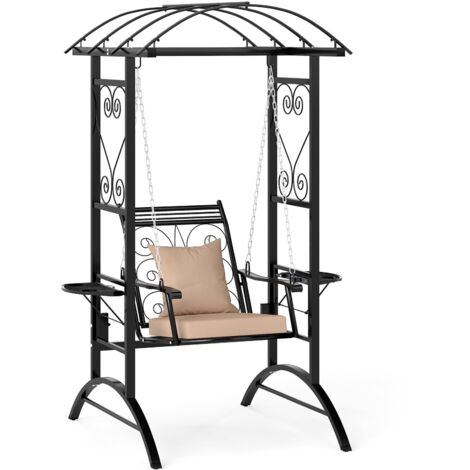 COSTWAY Sedia Sospesa da Esterno, Sedia a Dondolo Singola con Cuscini Removibili e Tavolini Laterali, Portata 160 kg, Altalena con Supporto e 2 Grigliati per Adulti per Giardino, Balcone e Cortile