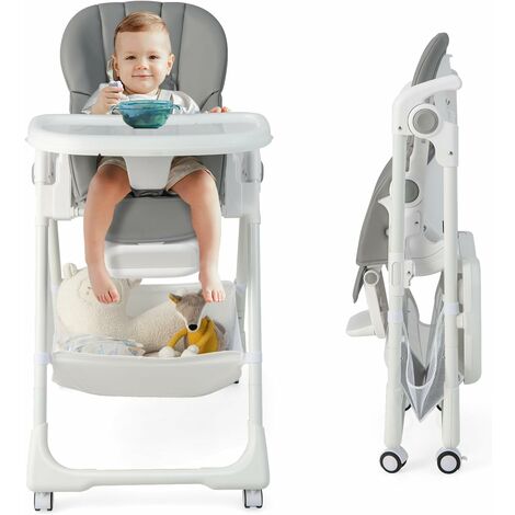 Seggiolone pappa per neonati bambini con altezze regolabili vassoio  rimovibile ruote, Seggiolone portatile Grigio - Costway