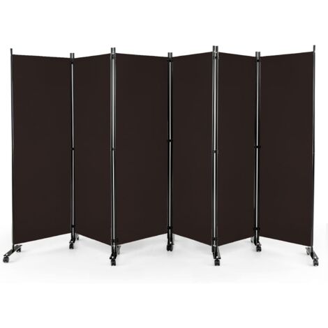 COSTWAY Séparateur de Pièce Pliable à 6 Panneaux, Grand Paravent de 172 CM avec Roues Verrouillables, Cloison de Séparation Portable, pour Salon, Chambre, Bureau (Marron)
