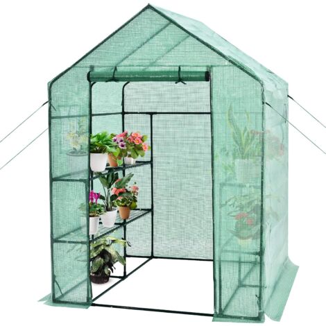 COSTWAY Serre de Jardin PE 8 Étagères 142x142x195cm avec Porte à Fermeture Enroulable Fenêtres d'Observation,Vert