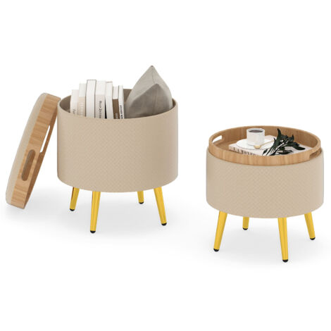 COSTWAY Set 2 Leather Footrests with Trays Storage Ottoman Round Accent Stool Gold Metal Legs Beige