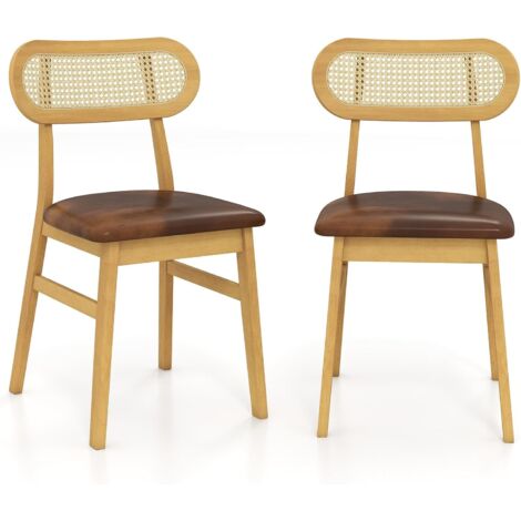 COSTWAY Set 2 Sedie Sala da Pranzo 49 x 48 x 79cm, Sedie da Cucina Moderno con Schienale Ergonomico in Rattan e Seduta in Pelle, Capacità di Carico 180 kg, per Soggiorno e Salotto (Marrone)