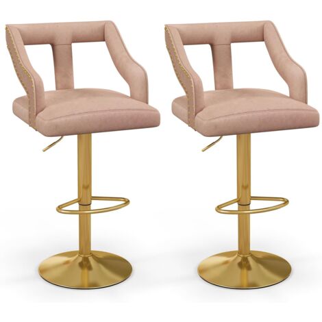 COSTWAY Set 2 Sgabelli da Bar in Velluto, Sedie Girevole e Regolabile con Poggiapiedi, Schienali in Forma a T, Braccioli, Base in Metallo Elettroplaccata per Cucina ad Isola e Sala da Pranzo (Rosa)