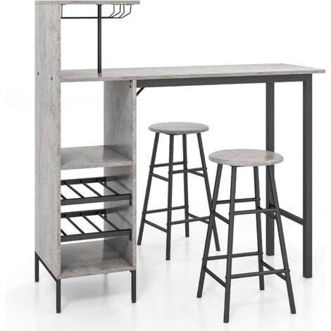 COSTWAY Set 3 Pezzi Tavolo e Sedie da Bar, Tavolo e Sgabelli da Pub Industriale con Porta Calici e 6 Portabottiglie da Vino, Set di Tavolo per Sala da Pranzo, Ristorante e Bar (Grigio)