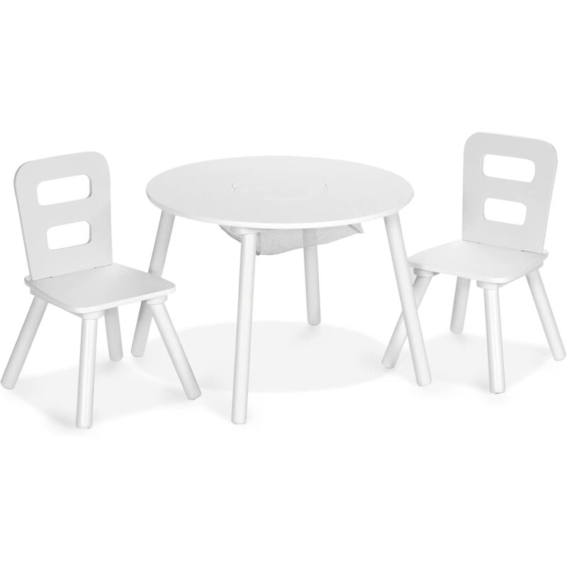 

Set 3 Piezas Mesa Redonda y Silla para Niños, Mesa Actividad de Madera con Centro de Red (Blanco) - Costway