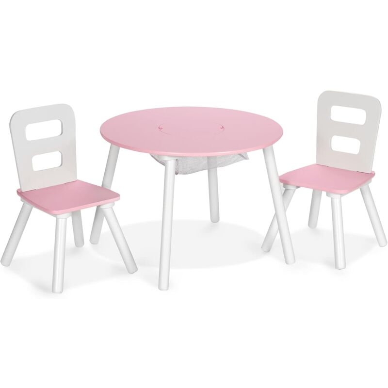 

Set 3 Piezas Mesa Redonda y Silla para Niños, Mesa Actividad de Madera con Centro de Red (Rosa) - Costway