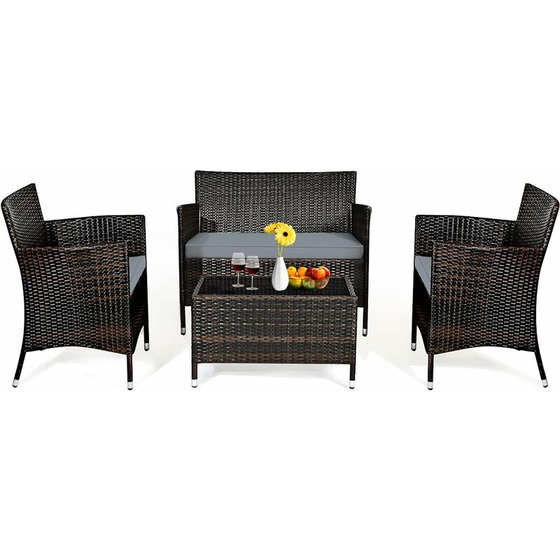 

Set 4 Muebles de Jarín de Mimbre para Patio Set Mesa y Sofá de Exterior Set Conversación Entretejido a Mano - Costway
