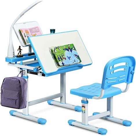 COSTWAY Set Bureau et Chaise pour Enfants avec Lampe LED,Bureau Inclinable 0°-40°,Hauteur Réglable,Charge Maximale 80KG Bleu