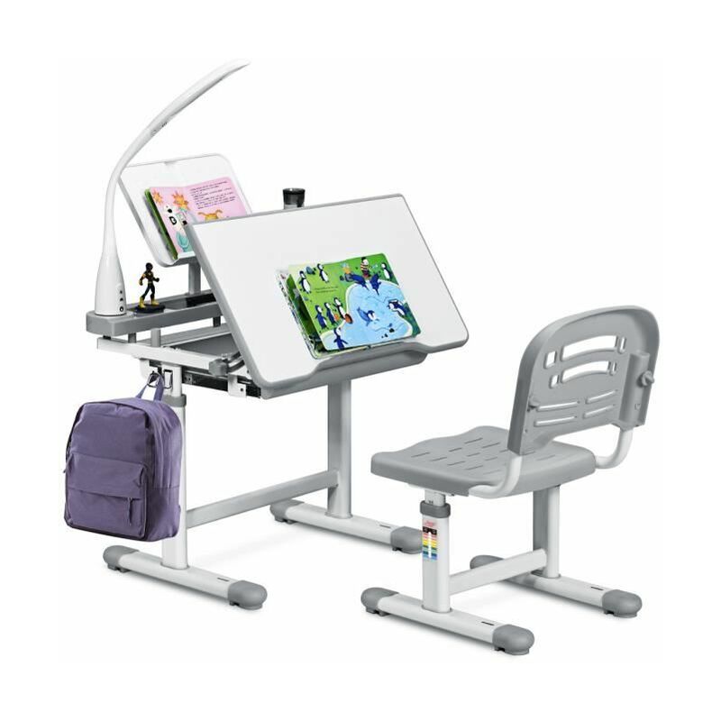 Set Bureau et Chaise pour Enfants avec Lampe LED,Bureau Inclinable 0°-40°,Hauteur Réglable,Charge Maximale 80KG Gris - Costway