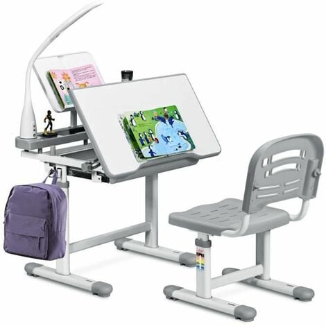 COSTWAY Set Bureau et Chaise pour Enfants avec Lampe LED,Bureau Inclinable 0°-40°,Hauteur Réglable,Charge Maximale 80KG Gris