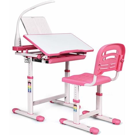 COSTWAY Set Bureau et Chaise pour Enfants avec Lampe LED,Bureau Inclinable 0°-40°,Hauteur Réglable,Charge Maximale 80KG Rose