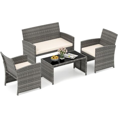 COSTWAY Set Conversazione da Giardino 4 Pezzi, Divanetto Rattan e Tavolo Vetro, Cuscini,Bianco