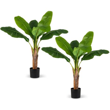 COSTWAY Set da 2 Alberi di Banane Artificiali, Pianta Finta con Foglie di Banana e Rami Regolabili con Vaso, Pianta in Vaso Decorativa da Interno per Soggiorno o Ufficio