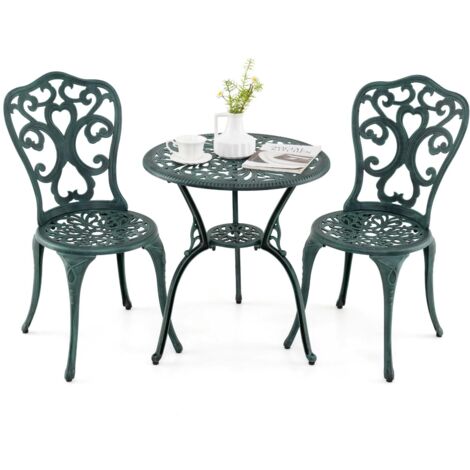 COSTWAY Set da Bistro da Patio a 3 Pezzi, Sedie e Tavolo in Alluminio con Foro per Ombrello, Set da Bistro da Esterno per Veranda, Giardino e Piscina (Verde)