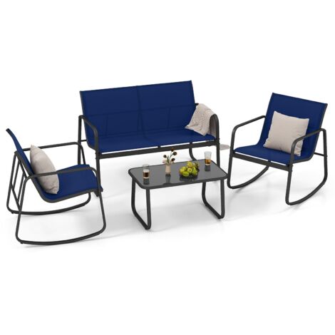 COSTWAY Set da Giardino 4 Pezzi in Tessuto Textilene, Set da Bistrò da Patio, Set tavolo e sedie con Tavolino in Vetro, 2 Sedie e Divanetto a Dondolo, per Giardino Coltile (Blu)