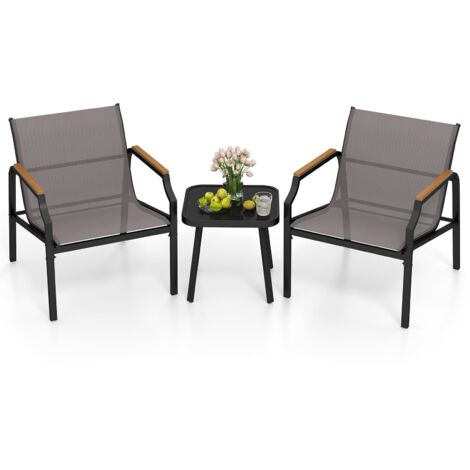 COSTWAY Set da Giardino a 3 Pezzi, Set Mobile da Esterno con Talaio in Metallo, Poltrona e Tavolino Quadrato, Set da Bistro con 2 Poltrone, per Giardino Cortile Piscina