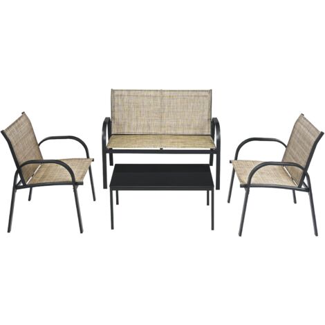 COSTWAY Set da Giardino con 4 Pezzi, Set da Giardino per Chiacchierare, Sedie da Giardino con Tavolino in Vetro, con Struttura Resistente in Ferro, Tessuto a Rete Traspirante (Marrone)