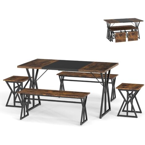 COSTWAY Set da Pranzo 5 Pezzi per 4-6 Persone, Tavoloda Cucina Rettangolare Industriale con 2 Panche e 2 Sgabelli, Set Pranzo Salvaspazio con Struttura in Metallo per Appartamento e Angolo Colazione
