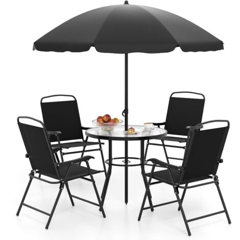 COSTWAY Set da Pranzo da Giardino a 6 Pezzi con Ombrellone, Tavolo e Sedie da Esterno con 4 Poltrone Pieghevoli e Tavolo Rotondo in Vetro Temperato per Giardino, Terrazza, Prato e Cortile