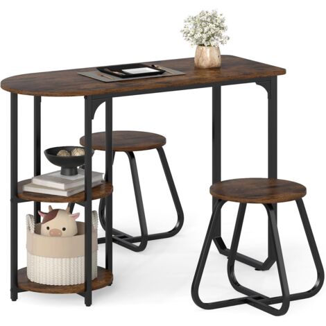 COSTWAY Set da Pranzo Industriale 3 Pezzi, Tavolo da Cucina in Legno con 2 Sgabelli e Ripiani Portaoggetti, Set da Pranzo Salvaspazio per Appartamenti, Cucina e Soggiorno (Caffè)