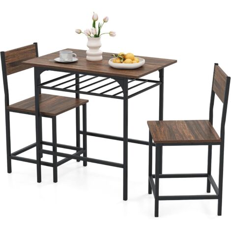 COSTWAY Set da Pranzo per 2 Persone, Set da 3 Pezzi di Tavolo Rettangolare in Legno e Sedie con Struttura in Metallo e Ripiano di Stoccaggio, per Angolo Colazione e Sala da Pranzo (Marrone)